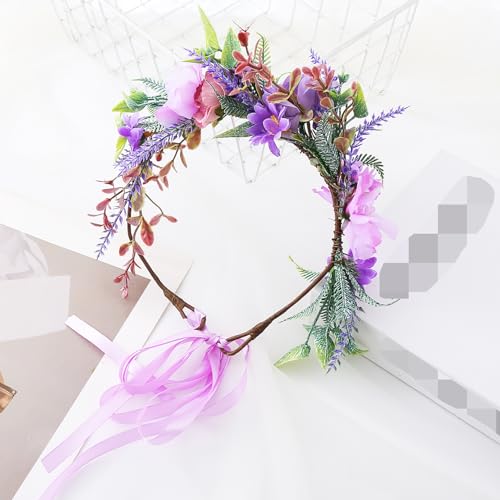 Vivivalue Fairy Floral Crown Woodland Headband Flower Headpiece Hair Wreath Forest Elven Circlet for Women Halloween Renaissance Wedding Bridal Cosplay Prom Photo Props Purple - color: 3