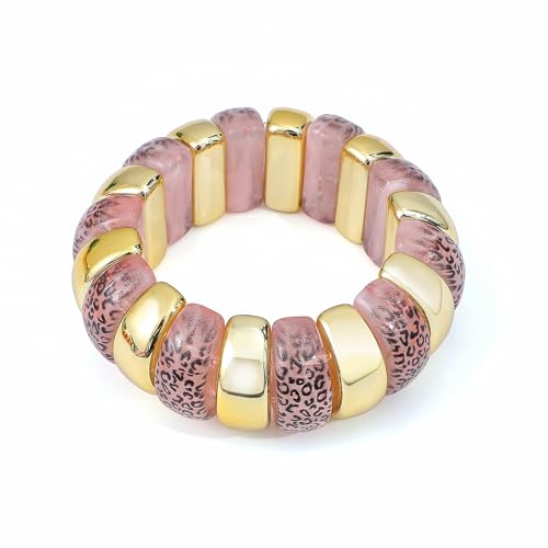 GOOJIDS Simple Beaded Gold Plated Bangles Bracelet Chunky Bamboo Tube Curved Stacking Clear Acrylic Colorful Beads Stretchable Gold Plated Bracelets Set For Women - color: B-Gold&Pink Leopard