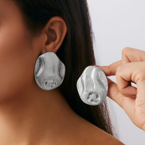 Mixed Metal Statement Earrings for Women Chunky Earrings Big Statement Large Oval Round Pebble Shape Earring Irregular Geometric Drop Dangle Earring Chunky Jewelry - style: 2 - S