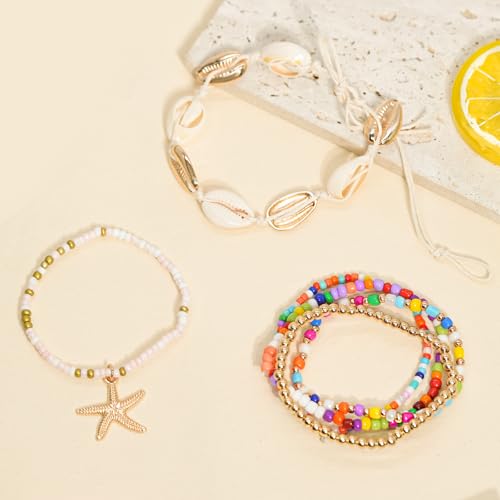 Beach Bracelets for Women Bohemian Stackable Heishi Surfer Bracelet Set Elastic Seashell Starfish Boho Friendship Bracelets for Summer Beach Party Holiday Vacation Jewelry - color: 7PCS-Colorful