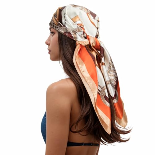 RIIQIICHY Head Scarf for Women Like Silk Scarf Hair Scarf Printed Square Scarf Bandanas for Women 35 Inches - color: Camel/Orange/Brown