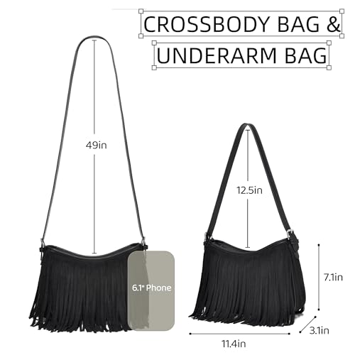 Fringe Shoulder Bag for Women Underarm Suede Western Hobo Purses and Handbags Trendy Crossbody Purse with Tassel - color: Black