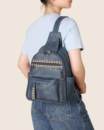 FADEON Large Sling Bag for Women, Leather Crossbody Purse Designer Anti Theft Sling Backpack, RFID Fanny Packs for Travel - color: Dark Blue Retro Style