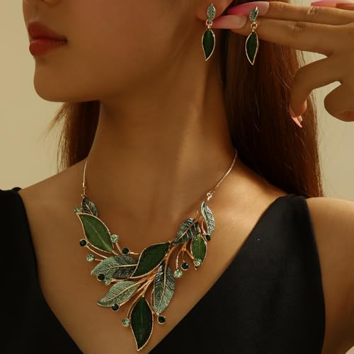 Vintage Chunky Statement Jewelry Set Retro Leaf Floral Geometric Bohemian Boho Bib Necklace Earring Set Fashion Costume Jewelry for Women Girls Wedding Party Prom Unique Gift - style: spring leaf-green gold