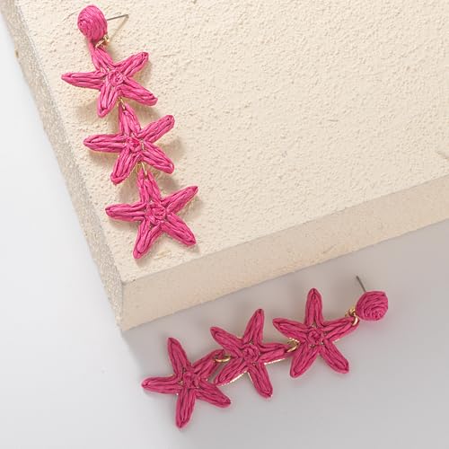 Boho Raffia Earrings Starfish Shell Seashell Dangle Drop Earrings Cute Statemnet Trendy Jewelry Summer Beach Outfits for Women - color: Hot Pink, size: Seastar