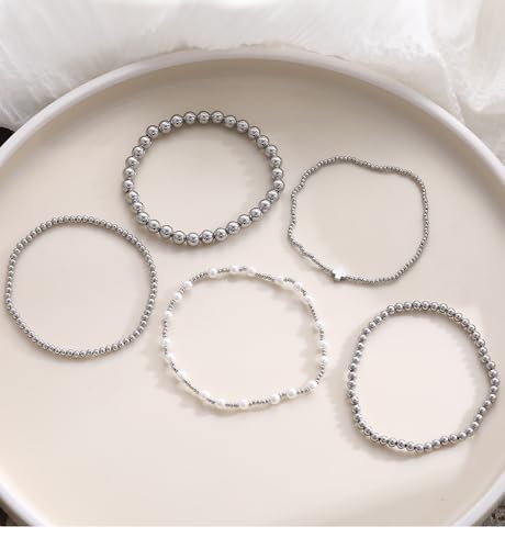 Gold Beaded Bracelets for Women, 14K Real Gold Plated Jewelry for Women Dainty Pearl Bead Bracelets Stack, Non Tarnish Trendy Stackable Ball Cross Stretch Bracelet Set Fashion Accessories Gifts - color: Silver cross bead