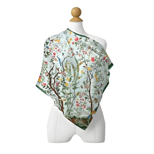 Premium Floral Scarf for Women 35x35 Square Silk Feel-Lightweight Scarves Headscarf Bandanas Wrapping Handbag - color: Vintage Chinese Flower Bird Blue Border