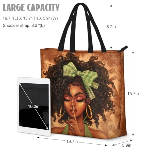 African American Women Tote Bag Black Shoulder Handbag For Women Fit Work Beach Labtops With Zip - color: Black Women 4