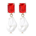 Fashion Pearl Drop Earrings for Women With Crystal - Rhinestone Statement Earrings with Pearl Dangling Studs - Large White Baroque Pearl Earrings for Bridesmaid Wedding Party Birthday Holiday - color: Red