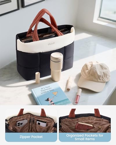 LOVEVOOK Small Tote Bags for Women, Puffer Purse and Handbags, Mini Crossbody Puffy Top Handle Shoulder Satchel Bag - color: Black-beige-brown, size: 11.5 Inch