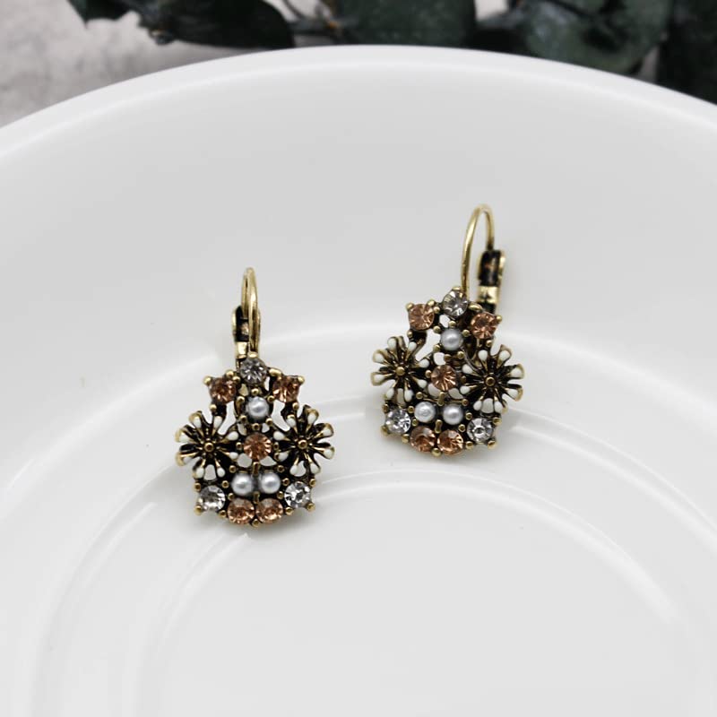Unique Bohemian Vintage Sparkly Crystal Colorful Round Flower leverback earrings Boho Retro Bronze Circle Beaded Flower Floral Dangle Drop Earrings for Women - color: Colorful 3