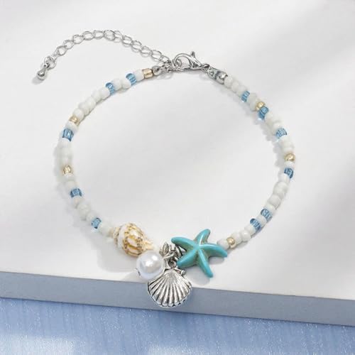 Ankle Bracelet for Women Beach Puka Shell Anklet Waterproof Starfish Seashell Pearl Anklets Stretch Beaded Ankle Bracelets Boho Beach Anklet Jewelry for Summer Beach Party - color: Blue