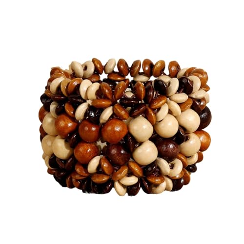Boho Wide Chunky Colorful Wooden Thick Shell Elastic Stretch Bracelet Handmade Bohemia Summer Beach Vacation Adjustable Lightweight Wood Wristband Jewelry for Women - color: brown