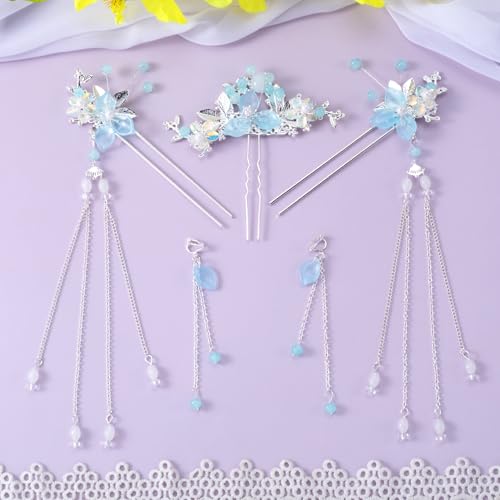 HINZIC 5pcs Flower Tassels Hairpin for Women, Non-Slip Crystal Pearl Silverstick Hair Clips, Retro Chinese Hanfu Wedding Brides Hair Accessories for Long Hair- Silver - color: Silver Magpie Bridge