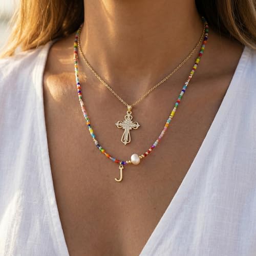 Colorful Pearl Beaded Initial Choker Necklaces for Women, Boho Handmade Personalized Seed Beads Letter Name Necklace Beach Surfer Bohemian Jewelry Gift - color: Cross J