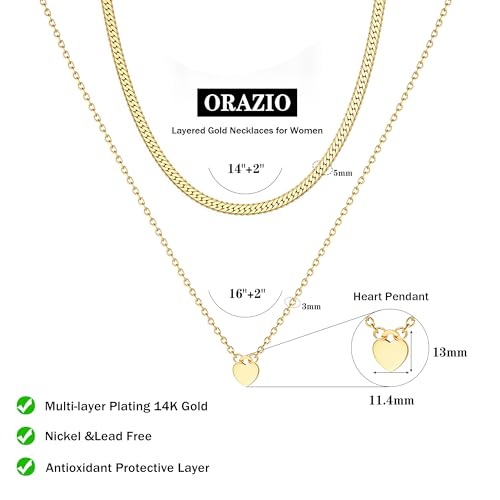 ORAZIO Gold Necklaces for Women,Layered Gold Necklace,14K Gold Plated Pendant Necklaces,Simple Choker Necklaces Set, Dainty Gold Chain Necklaces,Trendy Gold Stacked Jewelry Gifts for Women - color: 2Pcs/Cuban & Heart