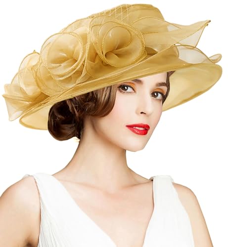 Women's Kentucky Derby Church Dress Hat Wide Brim Leaf Flower Bridal Shower Hat - color: A1 Gold