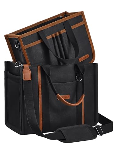 FIORETTO Women’s Canvas Tote Bag Purse with Zipper, Multi Compartment & Reinforced Bottom, Ideal for Work, Bible, Travel - color: Black, size: Large, style: Detachable Organizer