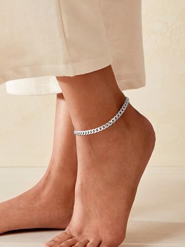 FindChic Stainless Steel Ankle Bracelets for Women, Waterproof Figaro/Cuban/Box/Beaded Chain Anklets, Summer Beach Foot Jewelry, 8.5''-10.5'' Adjustable Length, with Gift Box - style: Cuban Chain-Silver