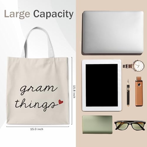 Gram Things Canvas Tote Bag, Gram Gifts for Mothers Day Birthday Tote Bag for Women, Grandma Gifts from Grandkids, Minimalist Neutral Grandmother Aesthetic Travel Totes for Shopping Camping