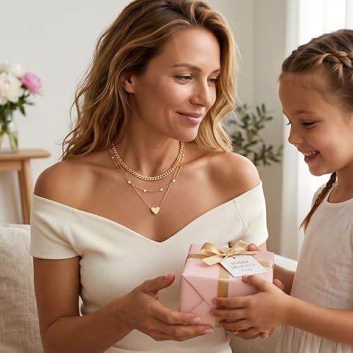 WomenGifts Layered Gold Necklaces for Women, 14K Gold Sterling Silver Plated Dainty Pendant Necklace Set Non Tarnish, Chunky Stackable Cuban Chain Choker, Trendy Birthstone Vacation Jewelry Gift - color: Gold, style: Heart Trio