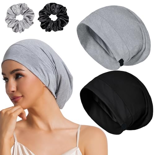 Sleep Cap Bonnet for Sleeping Black Women Men, Adjustable Cooling Lining Bonnets for Curly Hair Wrap Braids Beanie Night Hat - color: 2pcs (Black+light Gray)-large, style: Large