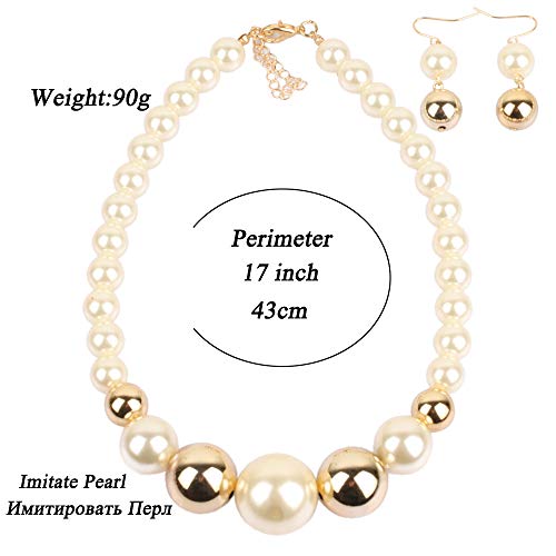 Fuqimanman2020 Chunky Large Simulated Pearl Choker Necklace Drop Dangle Earrings Crystal Bib Big Round Beaded Strand Multicolor Costume Statement Wedding Jewelry Set for Women Brides - color: White B