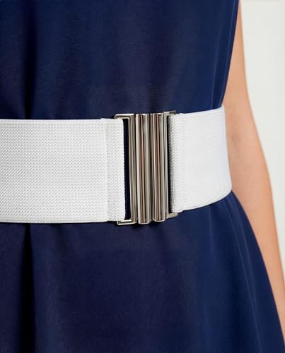 BlackButterfly Wide Elastic Waist Cinch Stretch Waistband Retro Vertical Clasp Buckle Belt - color: White, size: Medium