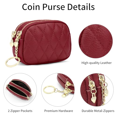 SENDEFN Women's Coin Purse Genuine Leather Wallet Small 2 Zippers Change Pouch Purse with Keychain Ring - color: 2-Red