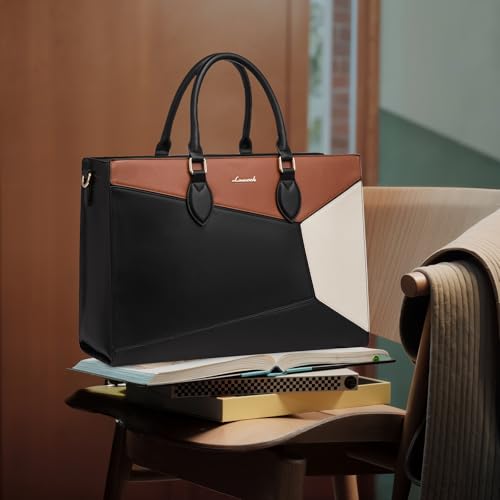 LOVEVOOK Laptop Bag for Women,15.6 lnch Waterproof Lightweight Leather Tote Bag,Professional Business Office Work Bags with Clutch Purse, Large Capacity Computer Shoulder Handbag,Black-White-Brown - color: Black - White - Brown(leather), size: 15.6 Inch