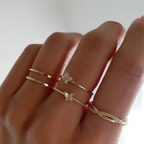 Knuckle Rings Set for Women,Simple Dainty Stackable Finger Ring Pack Minimalist Cute Butterfly Moon Heart Rings Boho Statement Jewelry Size Mixed - style: Style-F