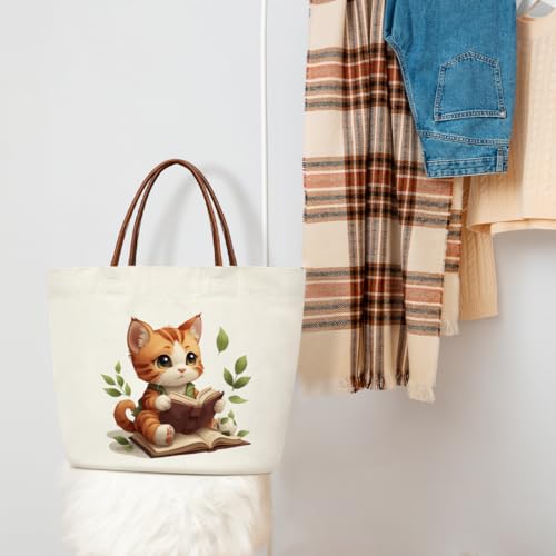 Canvas Tote Bag Aesthetic Tote Bag for Women Teens Reusable Grocery Shopping Bag With Handles Cute Animal Tote Bag - style: Cat