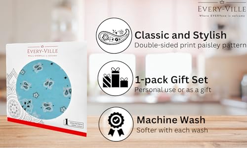Gift Packaging Bandana for Men Women - 100% Cotton, Paisley, 22x22 In, 1 Pack - Large Bandanna Handkerchief Cowboy Hanky - color: Light Blue