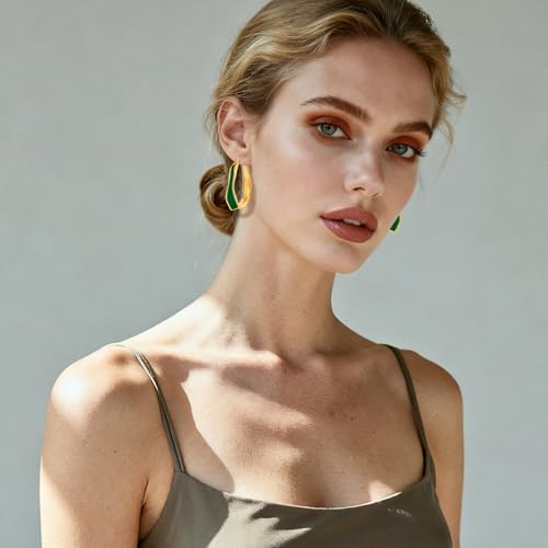 Chunky Hoop Earrings for Women Thick Minimalist Geometric Huggie Hoop Earrings Dainty Thick Y2K Preppy Earrings - style: irregular wave green