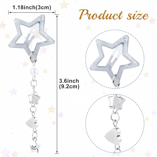 Pndeyo 2pcs Star Tassels Hair Clips for Women, Non-Slip 2000s Y2k Snap Hair Barrettes, Cute Star Beaded Pendant Hair Pin Accessories for Braid Long Short Thin Thick Hair - color: Bling Silver