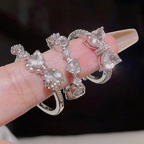Bow Ring Set for Women Silver Stacking Adjustable Pink Heart Bow Rings Stacking Boho Statement Wedding Engagement Ring Anniversary Birthday Gifts - color: B