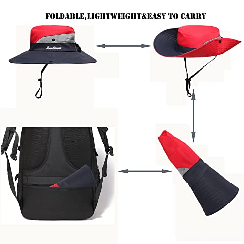 Womens Summer Sun Hat Beach Hat Wide Brim Outdoor UV Protection Hat Foldable Cool Mesh Ponytail Bucket Hat - color: Red-blue
