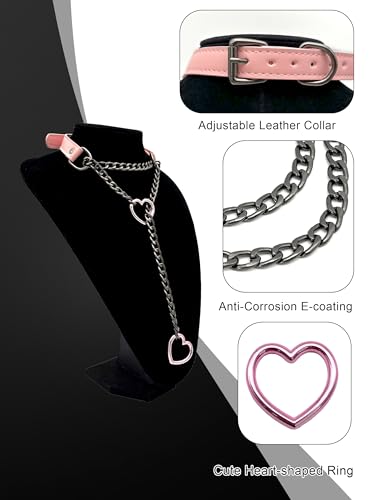 Black Leather Choker Collar For Women, Handmade Heart Slip Chain Choker Long Necklace with Adjustable Buckle - color: B-Pink-Black-Black, size: 24''chain