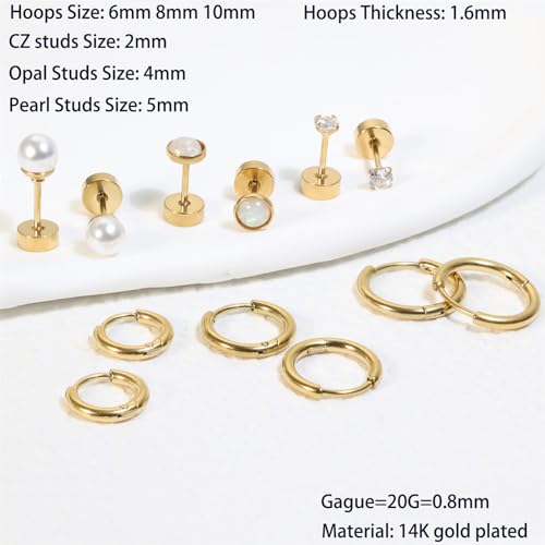Dainty 6 Pairs Surgical Steel Earrings Sets for Multiple Piercing, Lightweight 14K Gold Plated Small Huggie Hoop Earrings, Flat Back Tiny Ball CZ Stud Earrings for Cartilage, Helix, Lobe, Hypoallergenic - style: 14K Gold- Hoops and Pearl Opal CZ Studs
