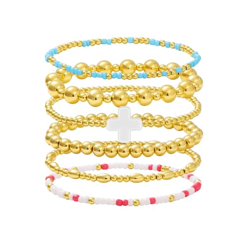 Gold Beaded Bracelets for Women: 14K Gold Bracelets for Women Trendy Dainty Gold Ball Bracelet Stack for Womens - Boho Stretch Bracelets Jewelry Sets with Cross Fashion Accessories Gifts for Women - style: Cream Cross