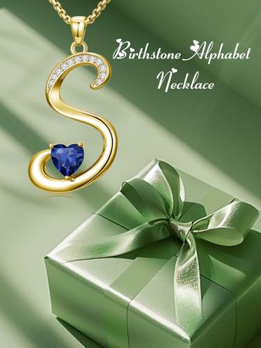 Birthday Gifts for Women 18k Gold Initial Necklaces for Women Simple Alphabets Letters with Birthstone Pendants Name Jewelry Anniversary Wedding Gifts for Sister Daughter Her (with Gift Box) - color: 09-Sept-Sapphire, style: Letter S