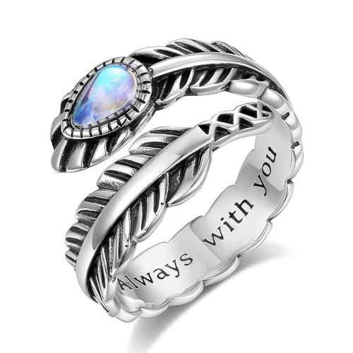 Vito 925 Sterling Silver Adjustable Open Spoon Ring for Women Men, Lotus Sunflower Snake Spoon Band Rings Feather Hug Witches Knot Inspirational Jewelry Gift for Wife - style: Feather-2