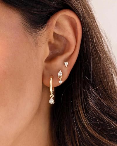 3 Pairs Small Earring Stacks, 14K Gold/Silver/Black/Rose Gold Plated Pearl Heart Butterfly Star Diamond Charm Drop Huggie Earrings Trendy Jewelry Gift for Women - color: Gold-Teardrop
