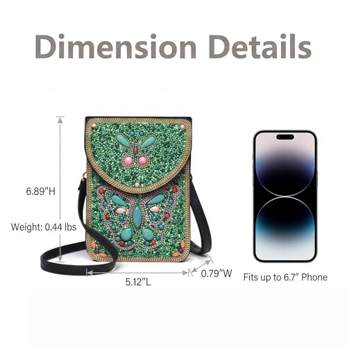 Small Crossbody Bags for Women Designer Cell Phone Bag Boho Shoulder Wallet Purse - color: Green Butterfly