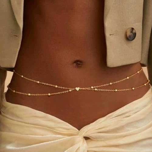 4Pcs Layered Gold Body Waist Chain Pearl Heart Waist Belly Stomach Belt Chain Beads Cuban Bikini Chains Simple Sexy Body Chains Jewelry for Women - size: 2