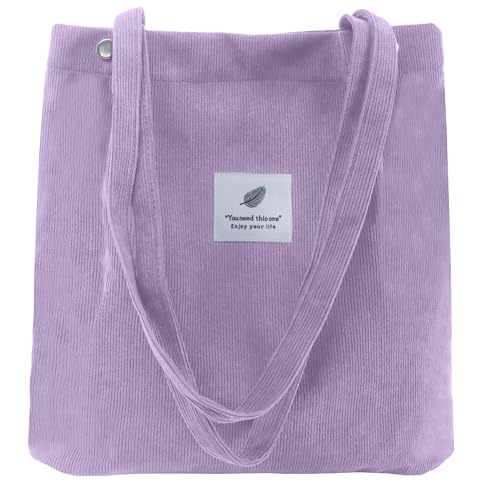Corduroy Tote Bag for Women Small Canvas Shoulder Purse Cord Handy Bag with Inner Pocket | with Front Pocket - color: 02 Purple