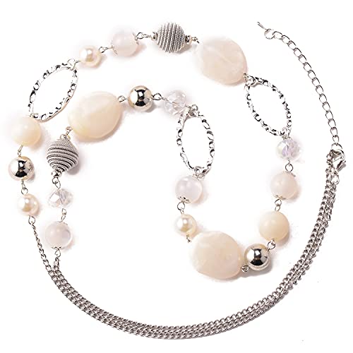 BULINLIN Beaded Long Necklace for Women Silver Sweater Chain Necklace with Crystal Resin Beads, Fashion Jewelry Necklace - color: White