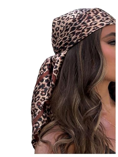 RoseSeek Women's Cheetah Print Silk Head Scarf Leopard Satin Rave Hair Scarf Headband Square Scarves - color: Brown