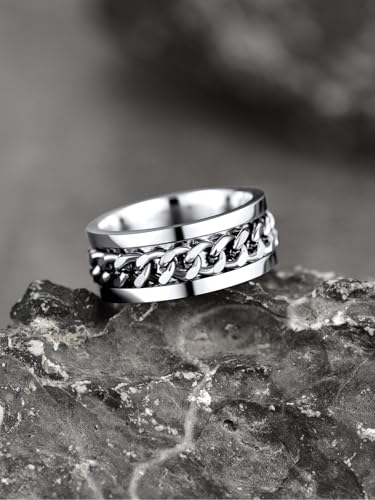 U7 Stainless Steel Mens Rings,7mm Gold/Black/Silver Chain Rings Fidget Spinner Ring Anxiety Ring for Men Women,Size 6-14 - color: Inlaid Chain Ring-Stainless