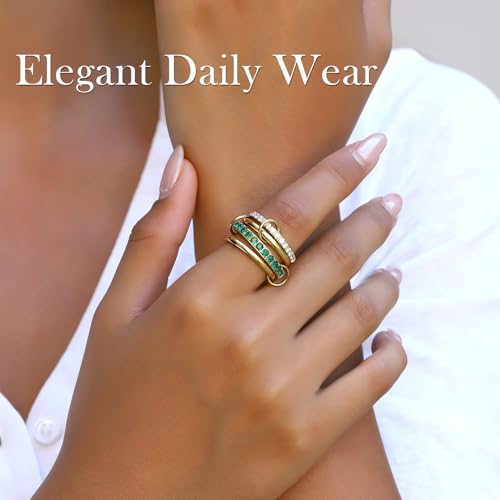 Gold Stackable Rings for Women,18K Gold Plated with Green Cubic Zirconia,Vintage Gold Stacked Multi Ring Interlocking Mixed Stacked Rings for Women Non Tarnish - color: Gold Green 4 Set